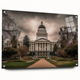 Acrylic print of a large abstract depiction of Sacramento, featuring vibrant blue and green tones.