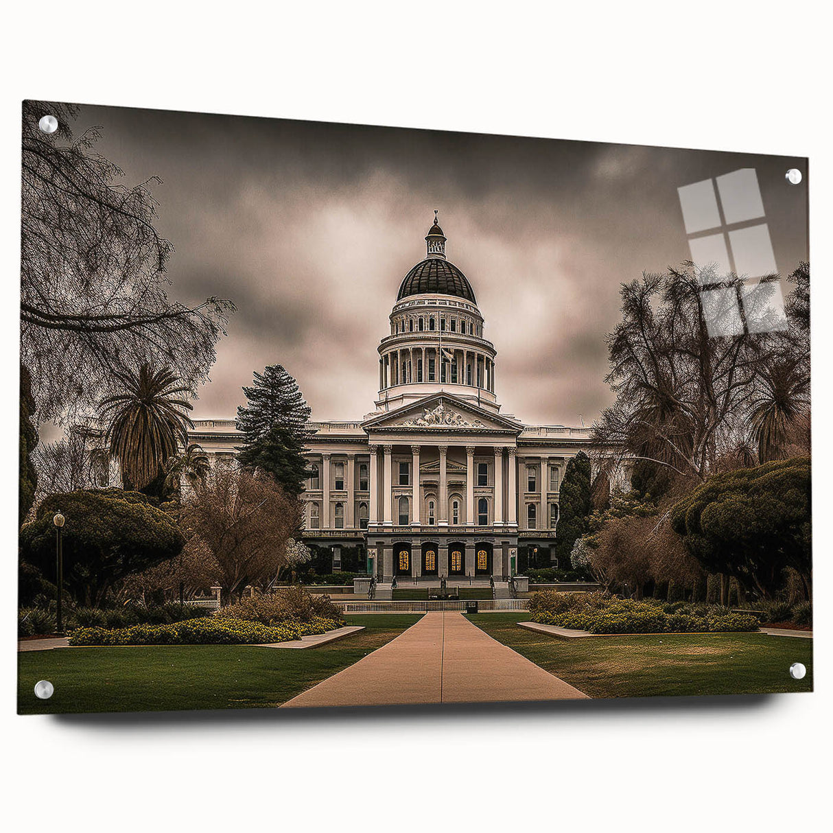 Acrylic print of a large abstract depiction of Sacramento, featuring vibrant blue and green tones.