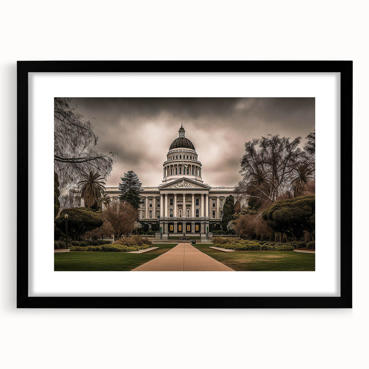 Extra large colorful abstract art print of Sacramento scenery in a black frame, ideal for living room decor.
