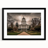 Extra large colorful abstract art print of Sacramento scenery in a black frame, ideal for living room decor.