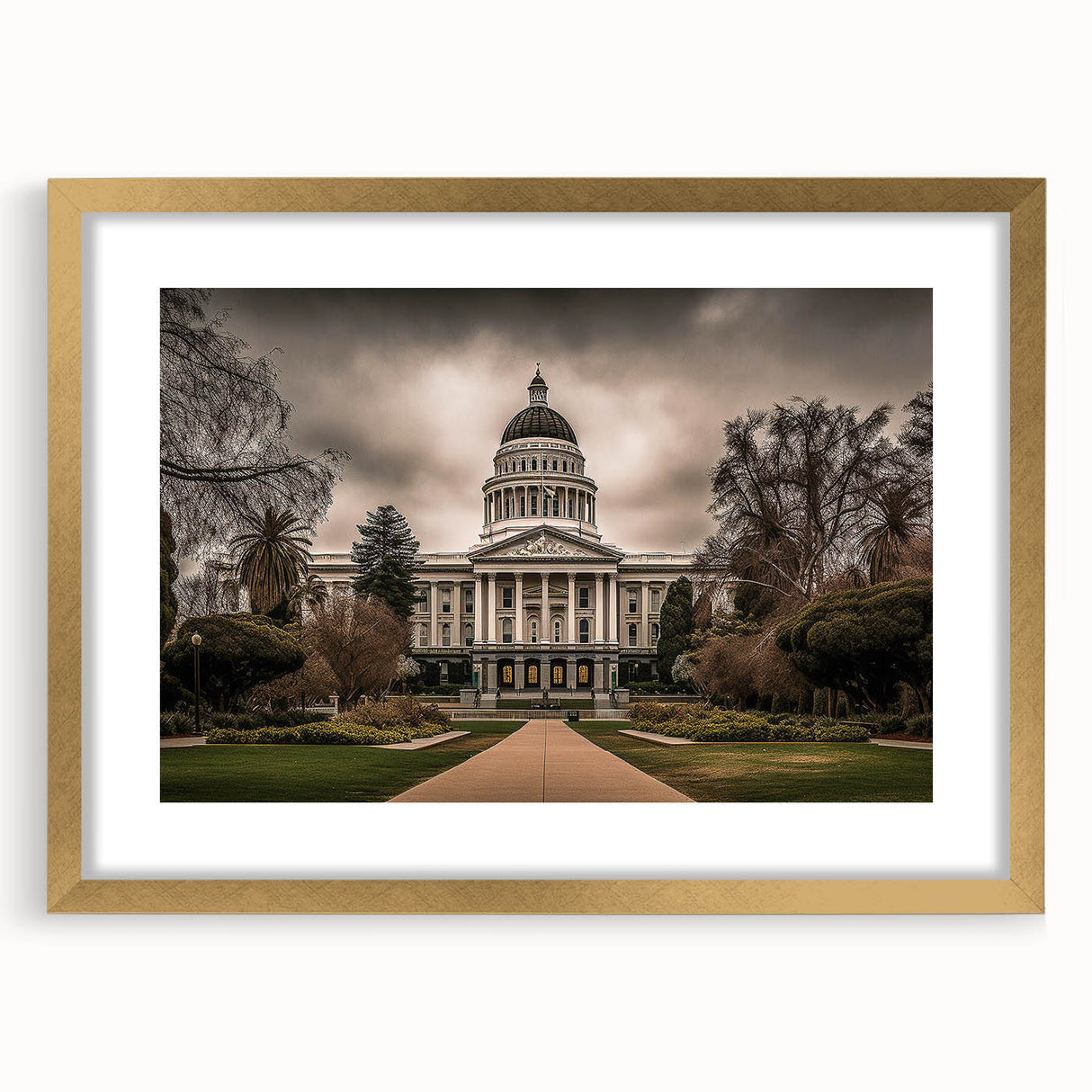 Extra large abstract art print of Sacramento scenery in textured strokes on a gold-framed canvas.