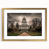 Extra large abstract art print of Sacramento scenery in textured strokes on a gold-framed canvas.