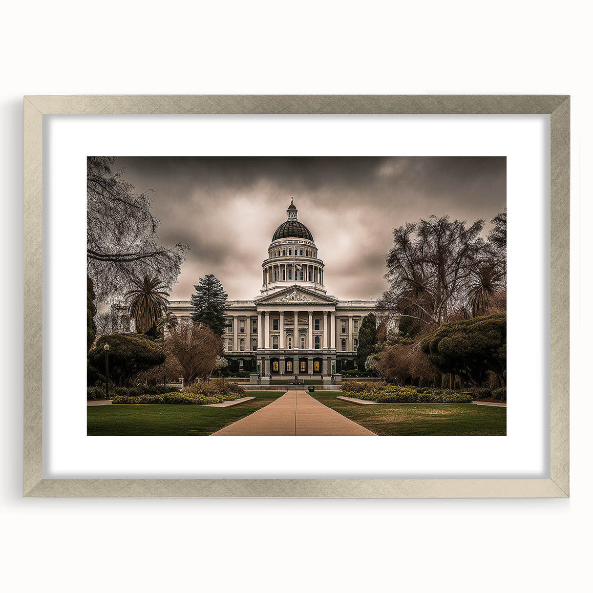 Textured abstract art print of Sacramento scenery in muted earth tones on a framed canvas, suitable for bedroom decor.