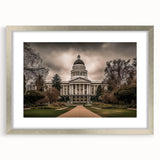Textured abstract art print of Sacramento scenery in muted earth tones on a framed canvas, suitable for bedroom decor.