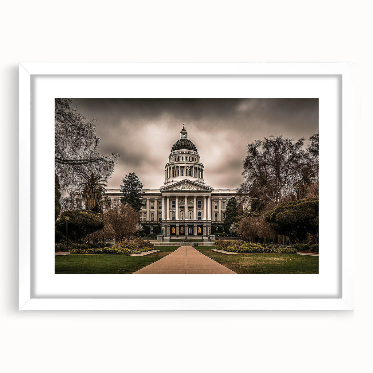 Abstract art print of Sacramento scenery in muted earth tones on a framed canvas, suitable for dining room decor.