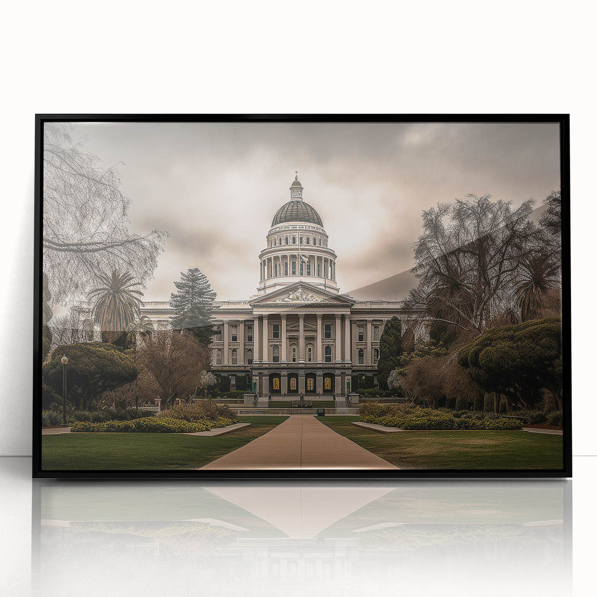 Large abstract wall art depicting a vibrant, colorful Sacramento scene on a black framed acrylic.