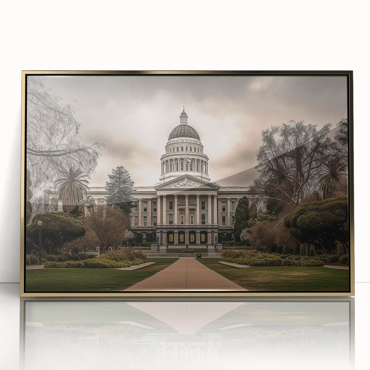 Framed acrylic print of Sacramento scenery in mid-century modernist style, featuring muted gold tones.