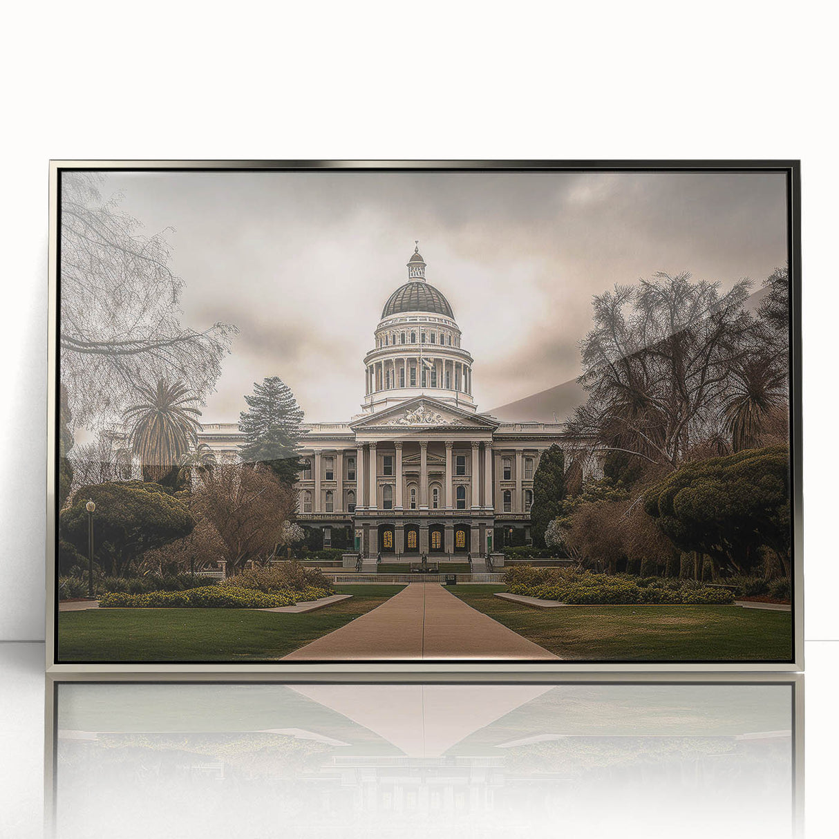 Mid-century modernist art depicting Sacramento scenery in muted earth tones on a silver-framed acrylic print.