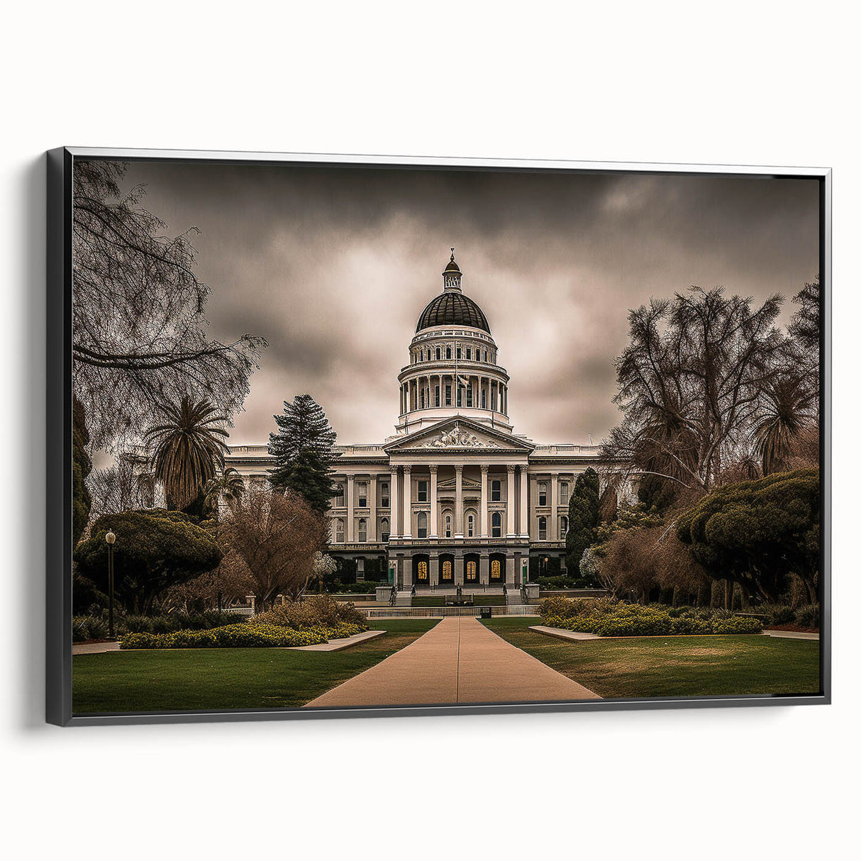 Framed canvas featuring a black and white vintage-style landscape of Sacramento, ideal for bedroom wall decor.
