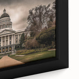 Framed canvas of a textured Sacramento skyline in black with colorful accents, ideal for large living room walls.