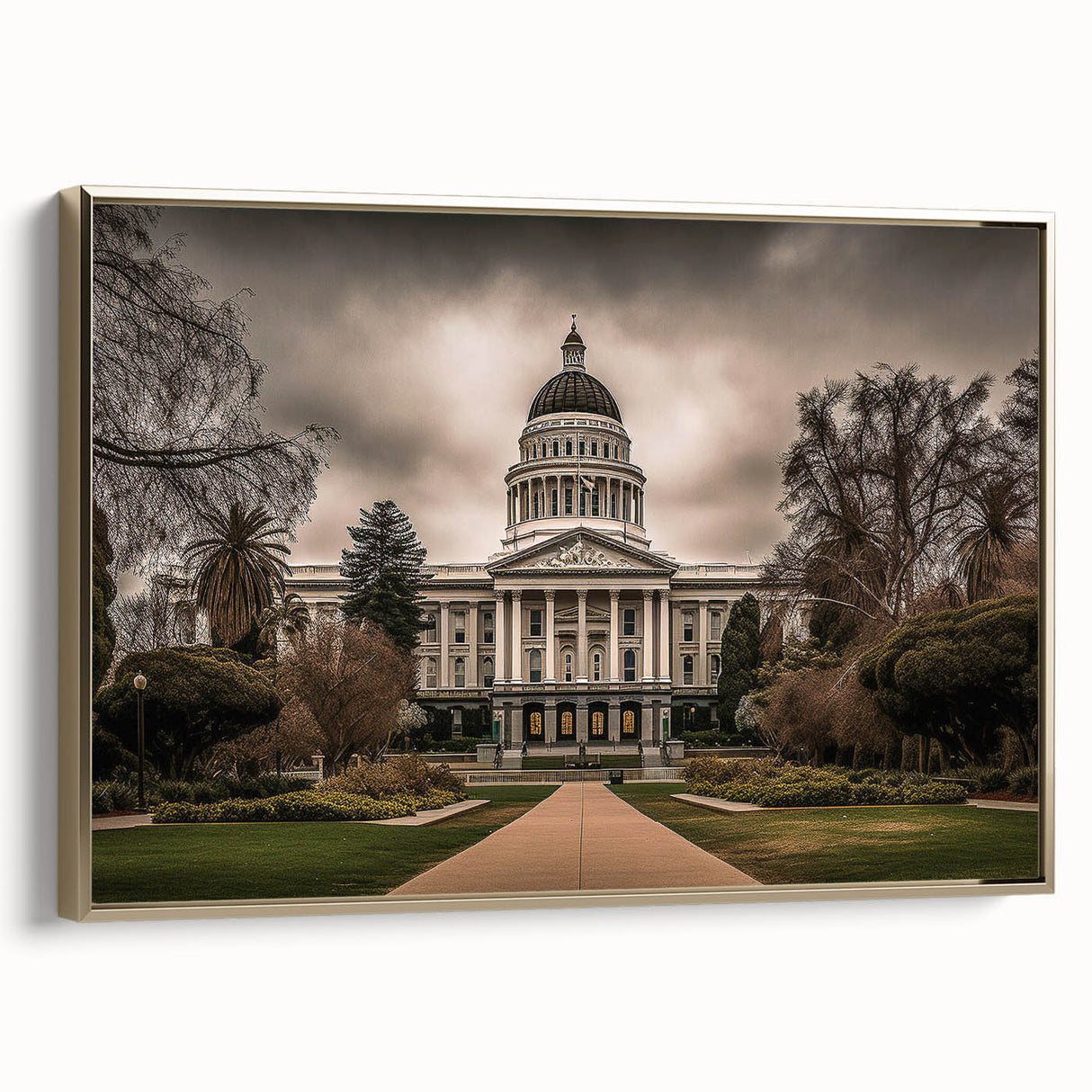 Framed canvas of a vintage-style Sacramento landscape in muted gold and black tones, ideal for bedroom decor.