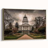 Framed canvas of a vintage-style Sacramento landscape in muted gold and black tones, ideal for bedroom decor.