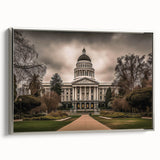 Landscape art painting of Sacramento featuring a colorful vintage poster style on a framed canvas.