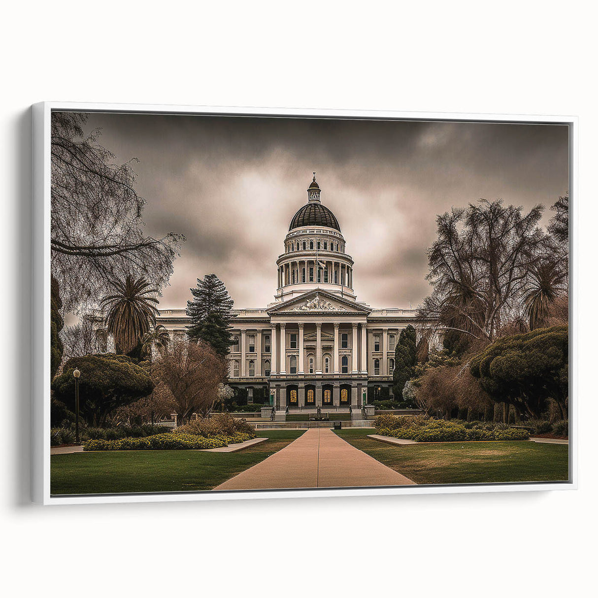 Vintage poster art of Sacramento scenery in colorful hues on a large framed canvas, suited for living room decor.