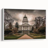 Vintage poster art of Sacramento scenery in colorful hues on a large framed canvas, suited for living room decor.