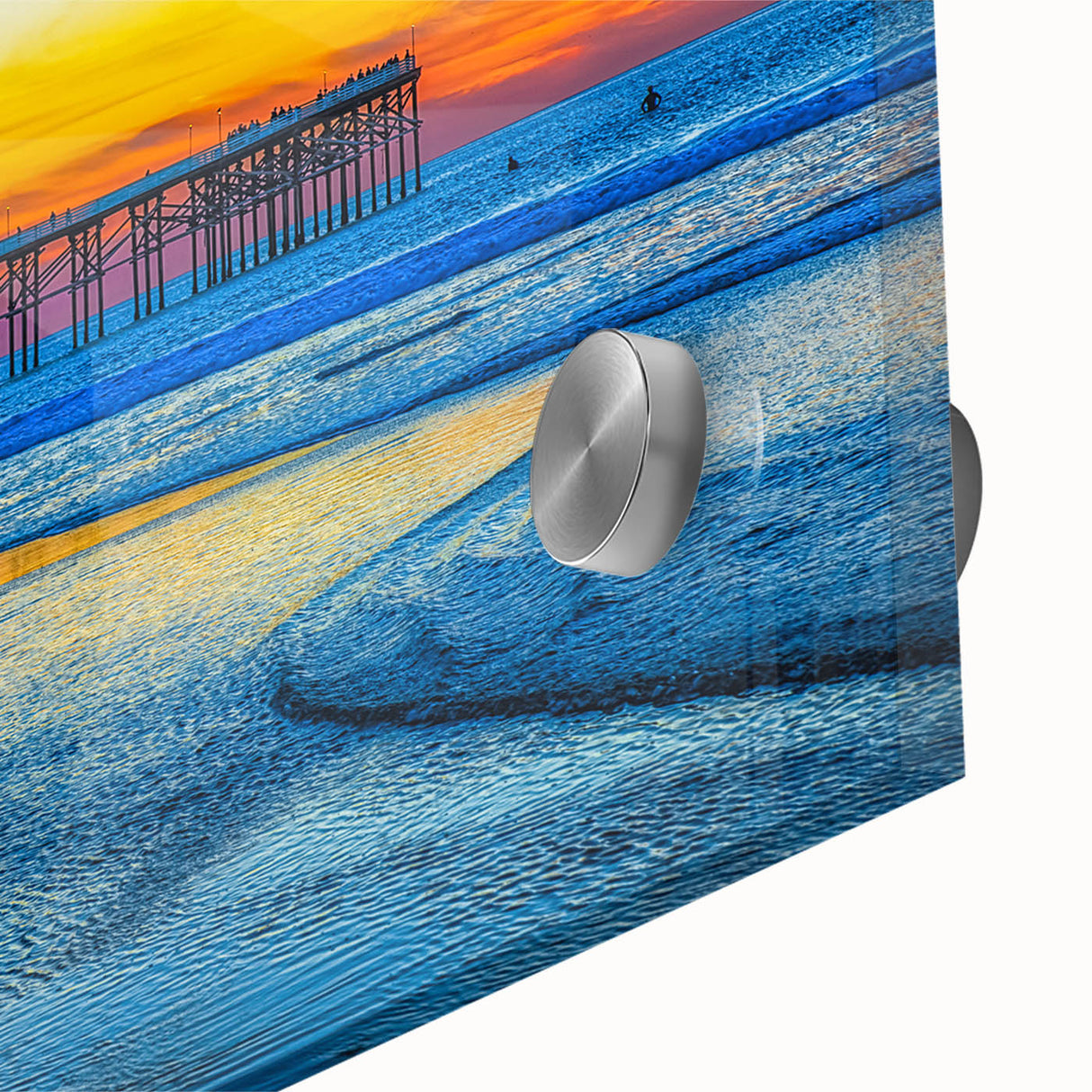 Large abstract depiction of San Diego skyline in muted blue tones on acrylic glass, suitable for dining room art.
