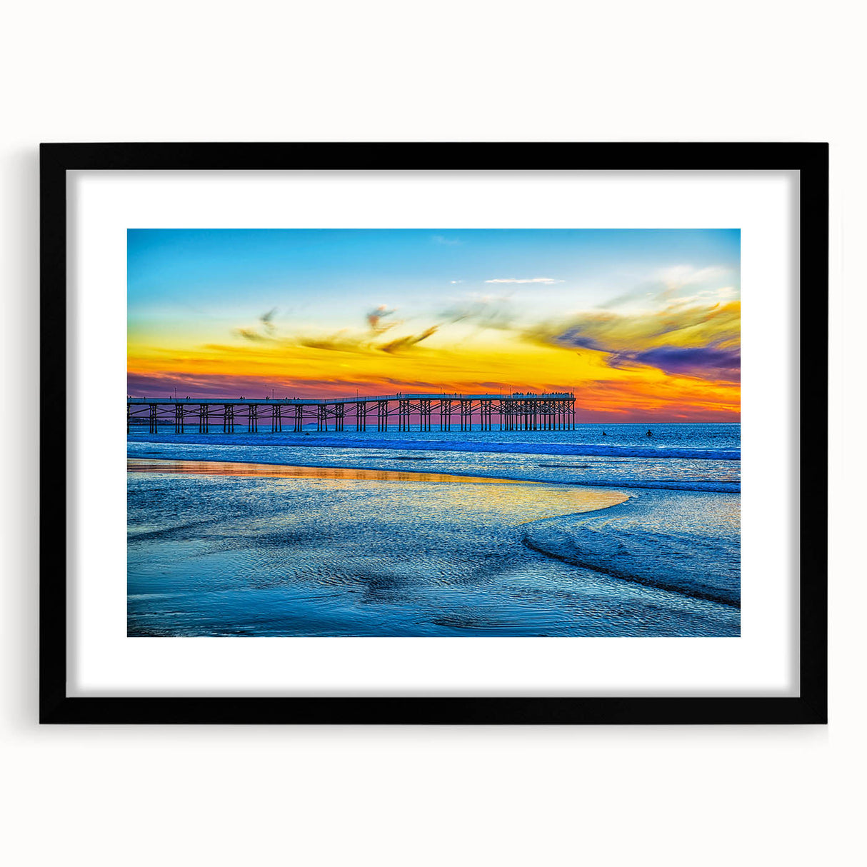 Extra large abstract art print depicting a colorful, textured San Diego scenery in a black frame.