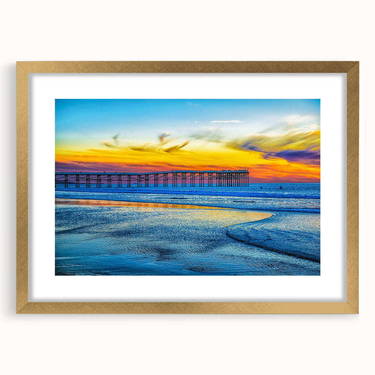 Extra large abstract art print of a textured San Diego scenery in muted earth tones, framed in gold.