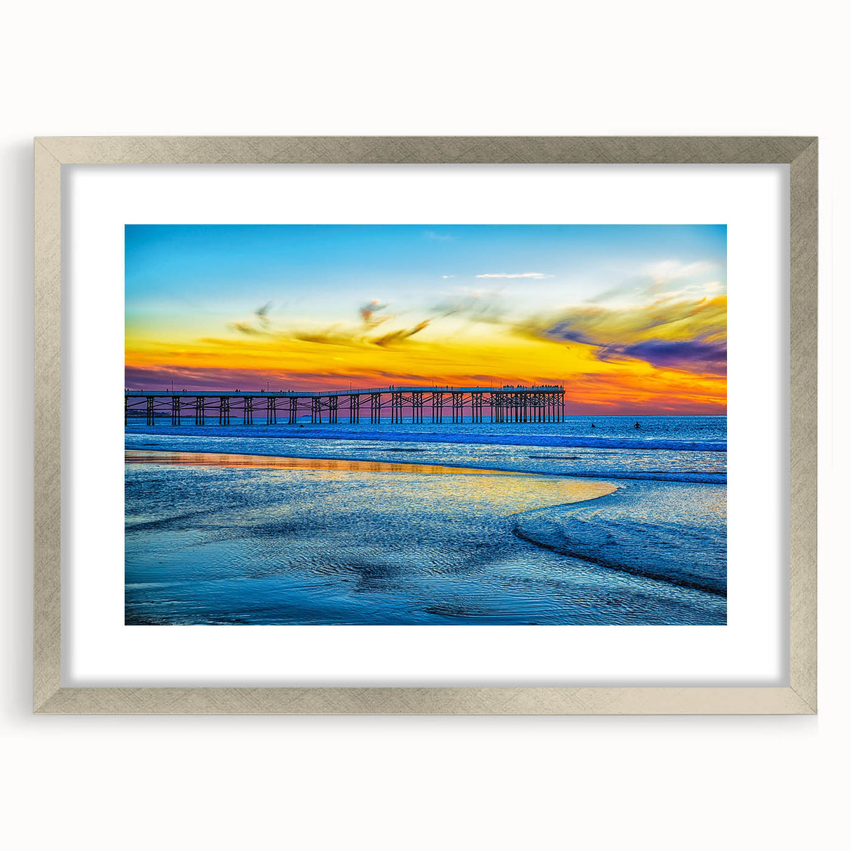 Textured abstract art print of San Diego scenery in muted blue tones, framed in silver, ideal for bedroom art.