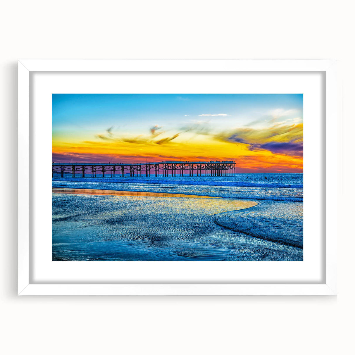 Abstract art print of San Diego with vibrant blue and orange hues, framed in white, ideal for dining room decor.