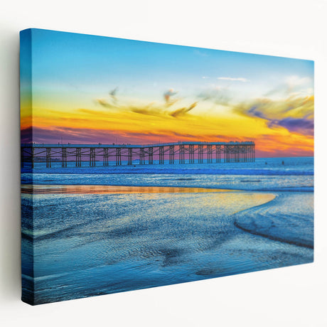 Large art depicting the San Diego skyline in muted blue tones on stretched canvas, ideal for kitchen wall decor.