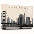 Acrylic print of San Francisco skyline in muted blue and gray tones, ideal for dining room decor.