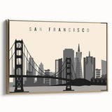 Framed canvas of San Francisco landscape in vintage poster style with a black and gold color palette.
