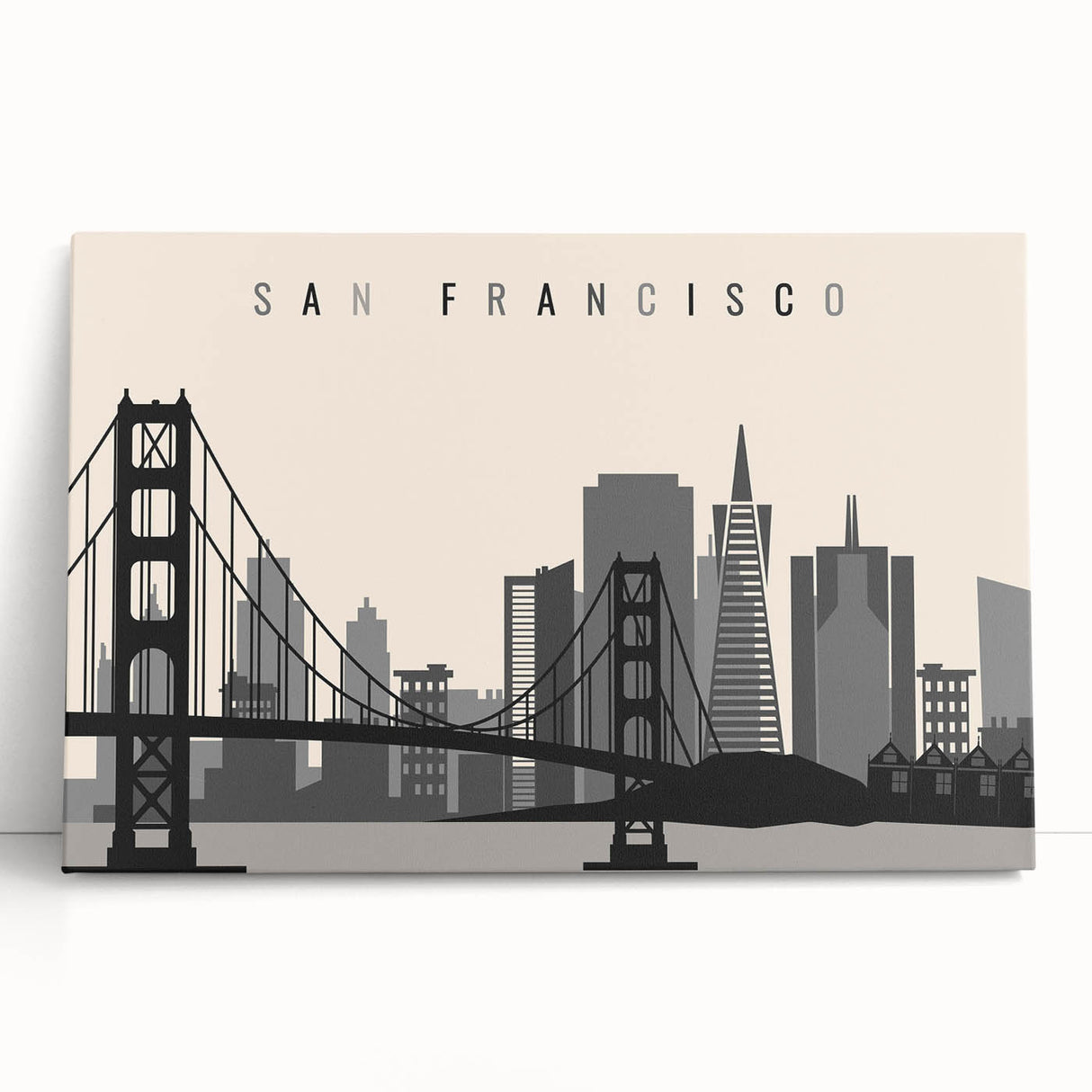 Black and white photograph of the San Francisco skyline on stretched canvas, ideal for kitchen wall art.