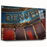 Acrylic print of a large abstract depiction of the Denver skyline in muted blue and gray tones.