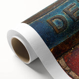 Art deco poster of Denver skyline in pastel shades on rolled canvas, ideal for nursery wall art.