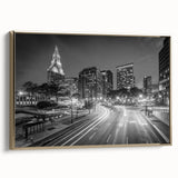 Framed canvas of a Connecticut landscape in vintage poster style, featuring black and gold tones.