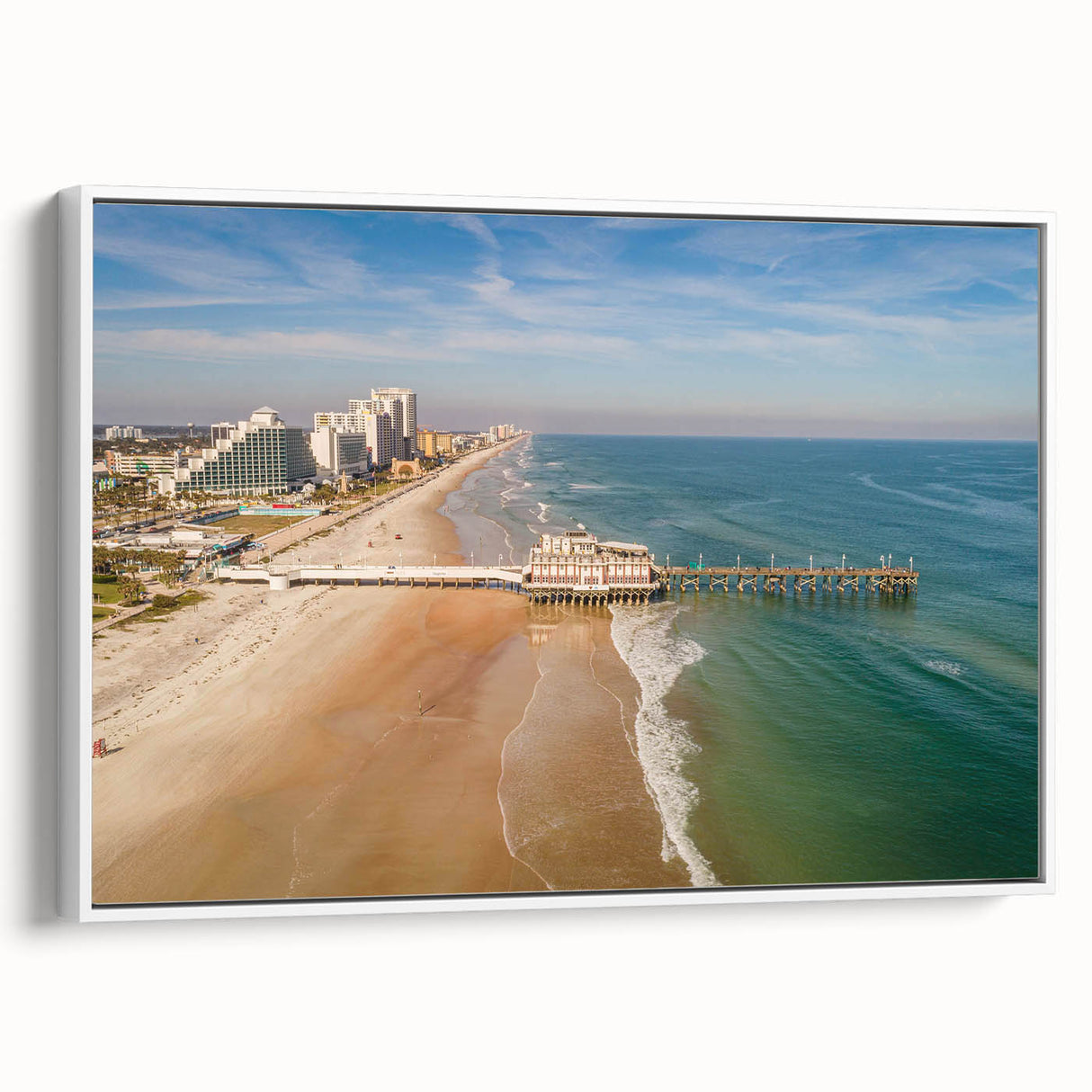 Vintage poster art of Daytona scenery on framed canvas, featuring colorful art in extra large size.