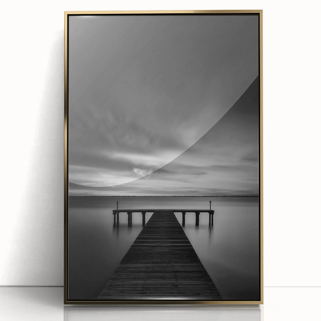 Large art print of Delaware scenery in mid-century modernist style, framed in acrylic with gold accents.