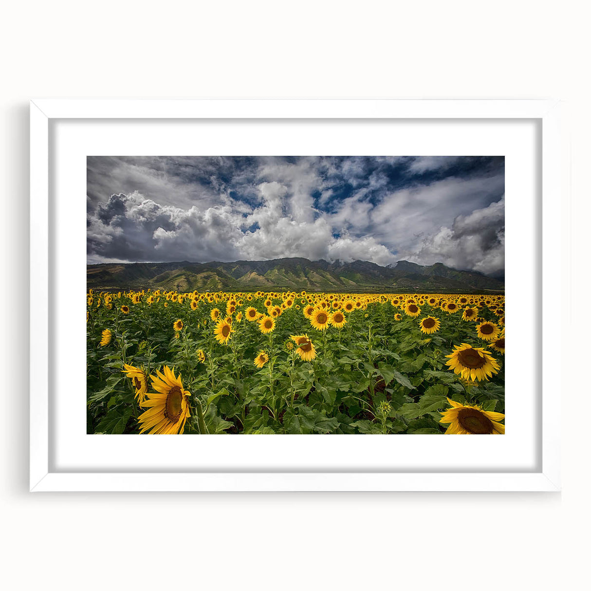 Abstract art print of a Maui landscape in soft blue and green tones on a white framed canvas.