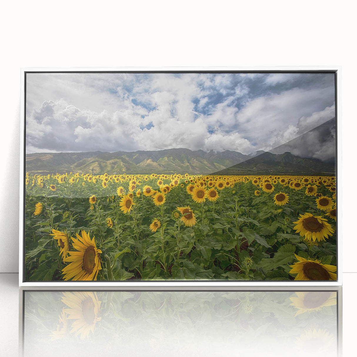 Acrylic print of a serene Maui landscape, featuring soft pastel colors and white frame, ideal for modern nursery decor.