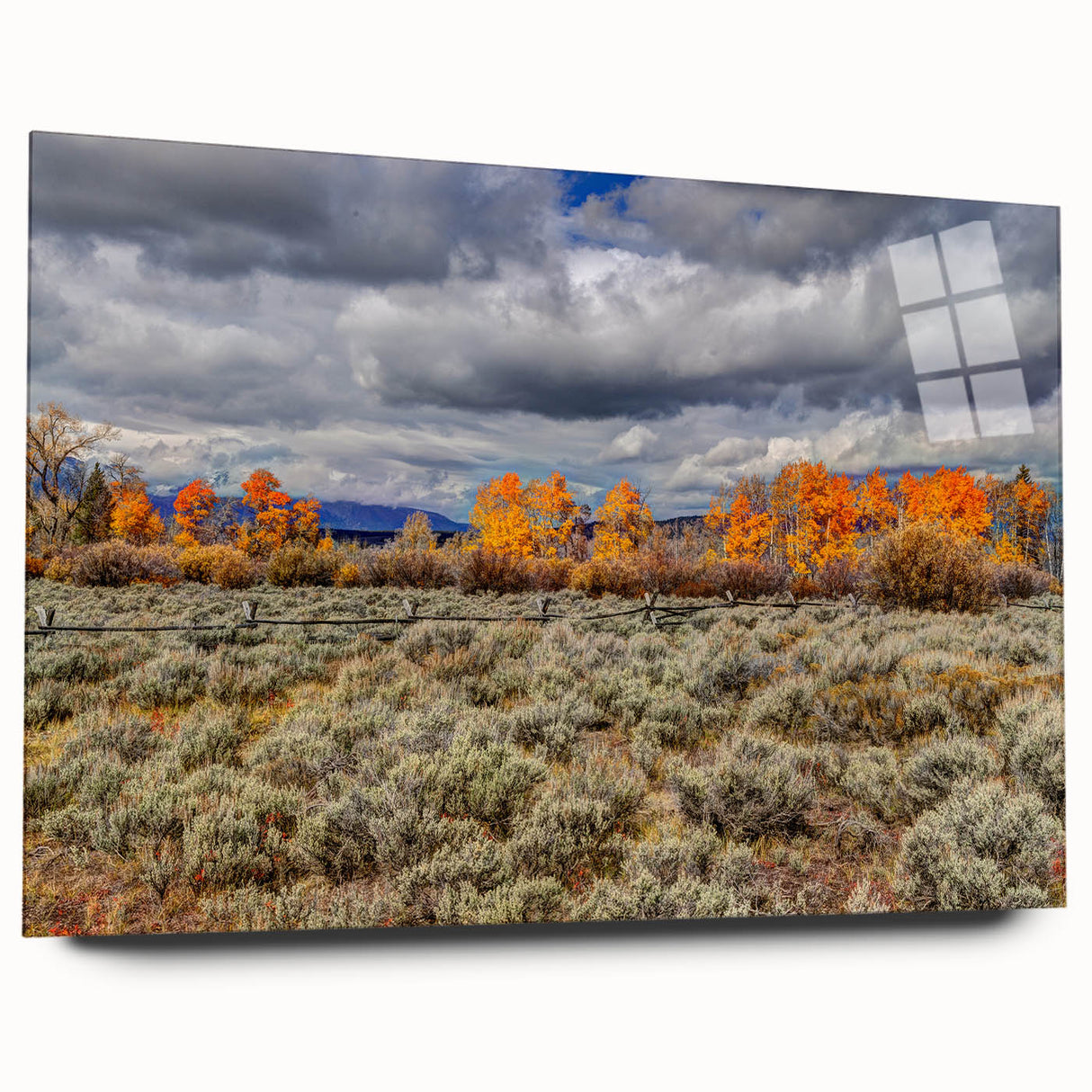 Large abstract wall art of Idaho scenery in muted earth tones on acrylic glass, suitable for bedroom or dining room decor.