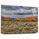 Large abstract wall art of Idaho scenery in muted earth tones on acrylic glass, suitable for bedroom or dining room decor.
