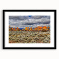 Abstract art print depicting vibrant, textured scenery of Idaho in a large black-framed mat, ideal for living room decor.