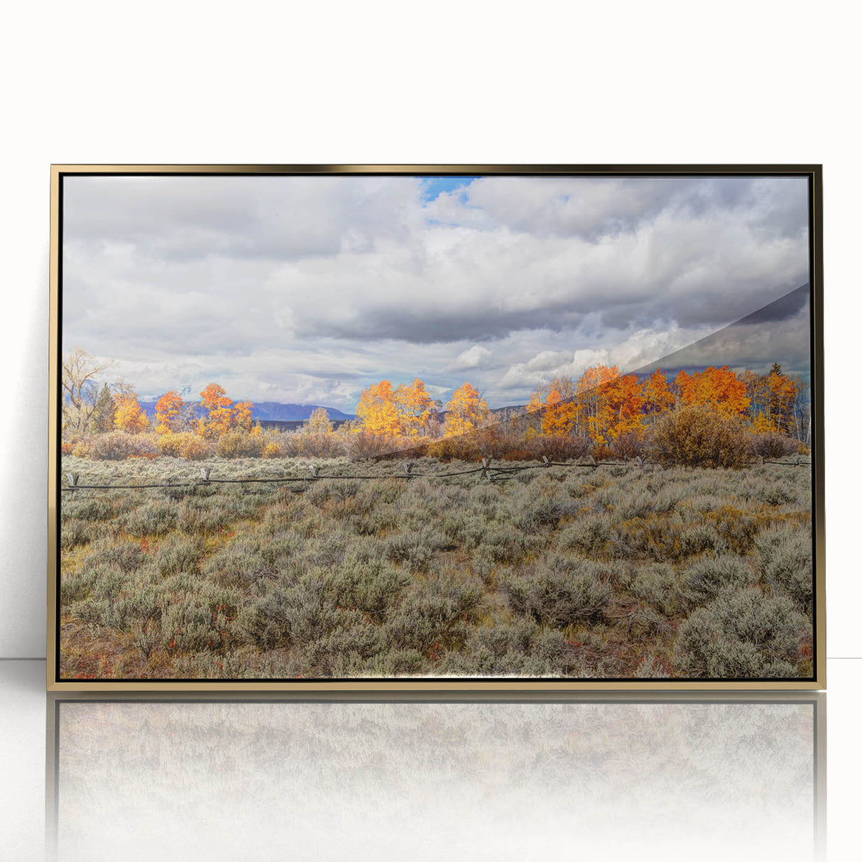 Large art print of Idaho scenery, mid-century modernist style in gold tones on framed acrylic.
