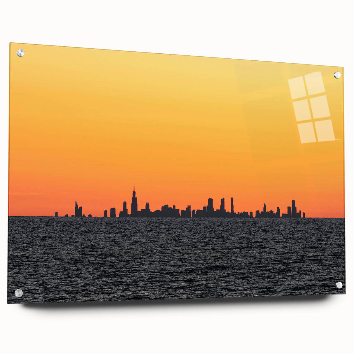 Acrylic print of a large abstract depiction of Chicago's skyline in cool blue tones.