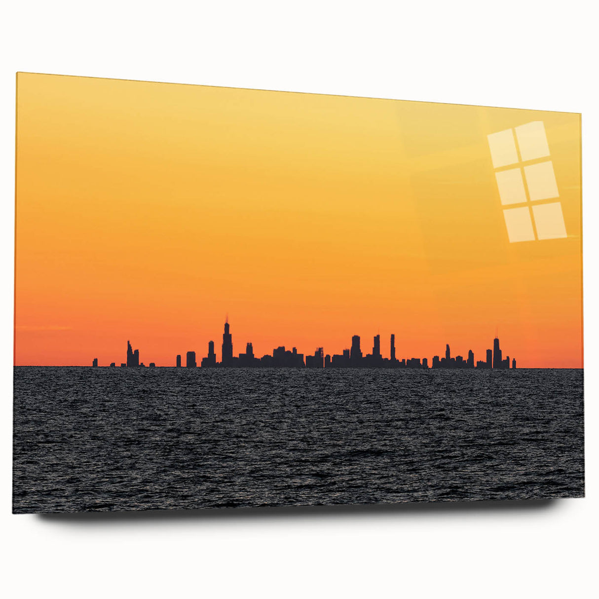 Large abstract depiction of Chicago skyline in muted blue and gray tones on acrylic glass.