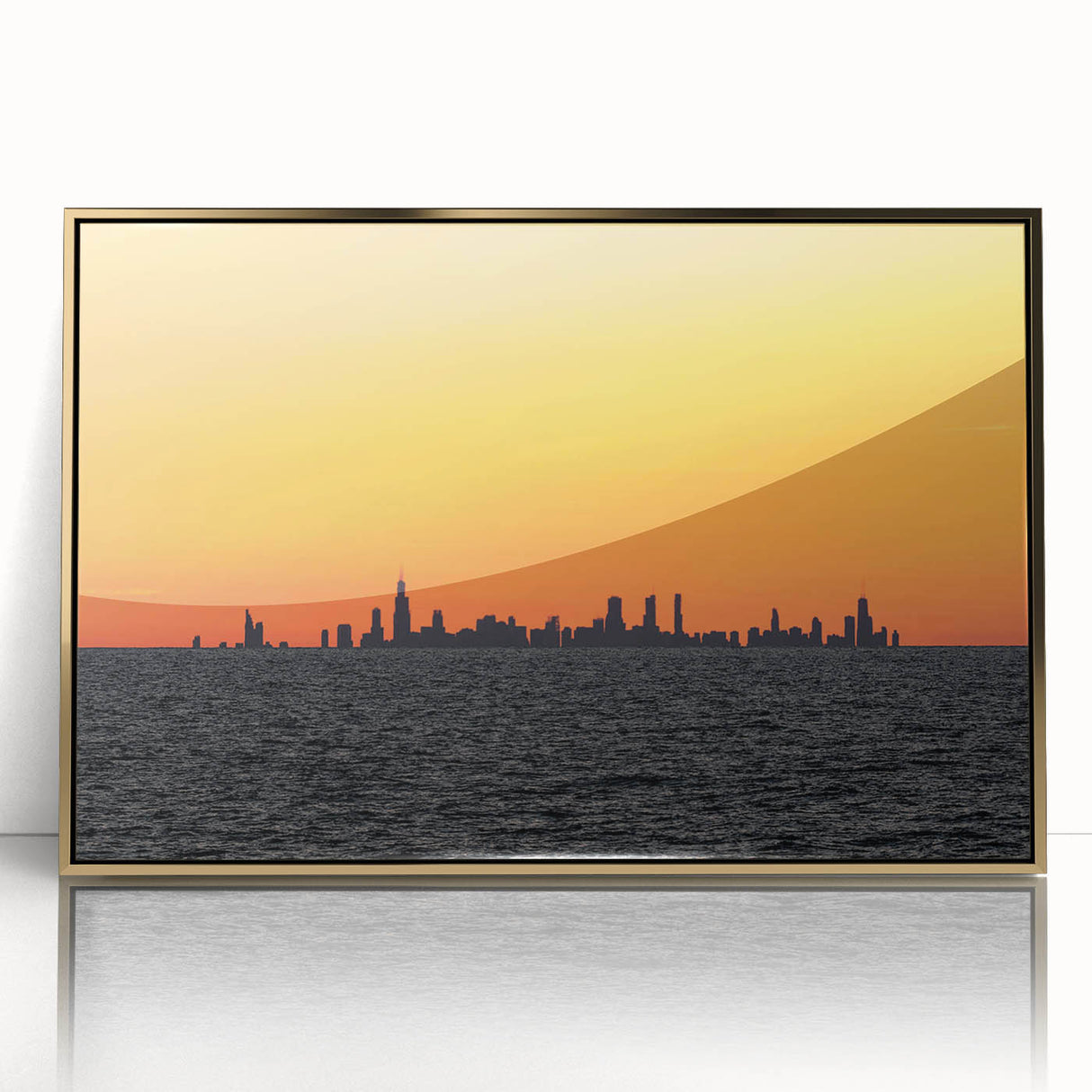 Framed acrylic print of the Chicago skyline in gold tones, ideal for mid-century modernist decor.