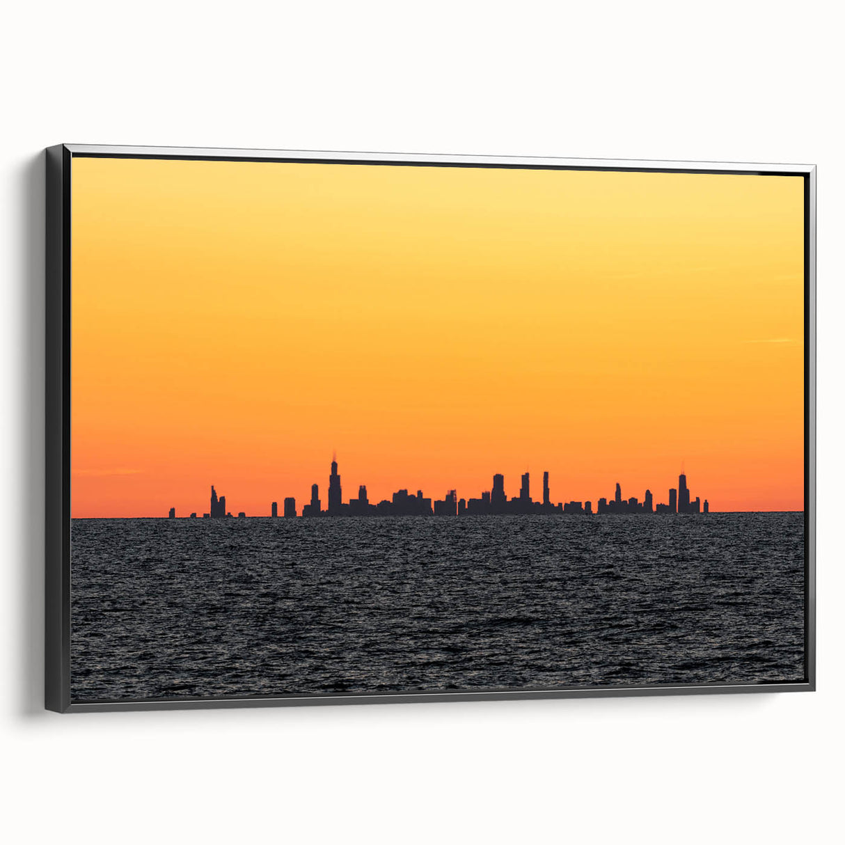 Black and white framed canvas of Chicago skyline, ideal for bedroom wall art.