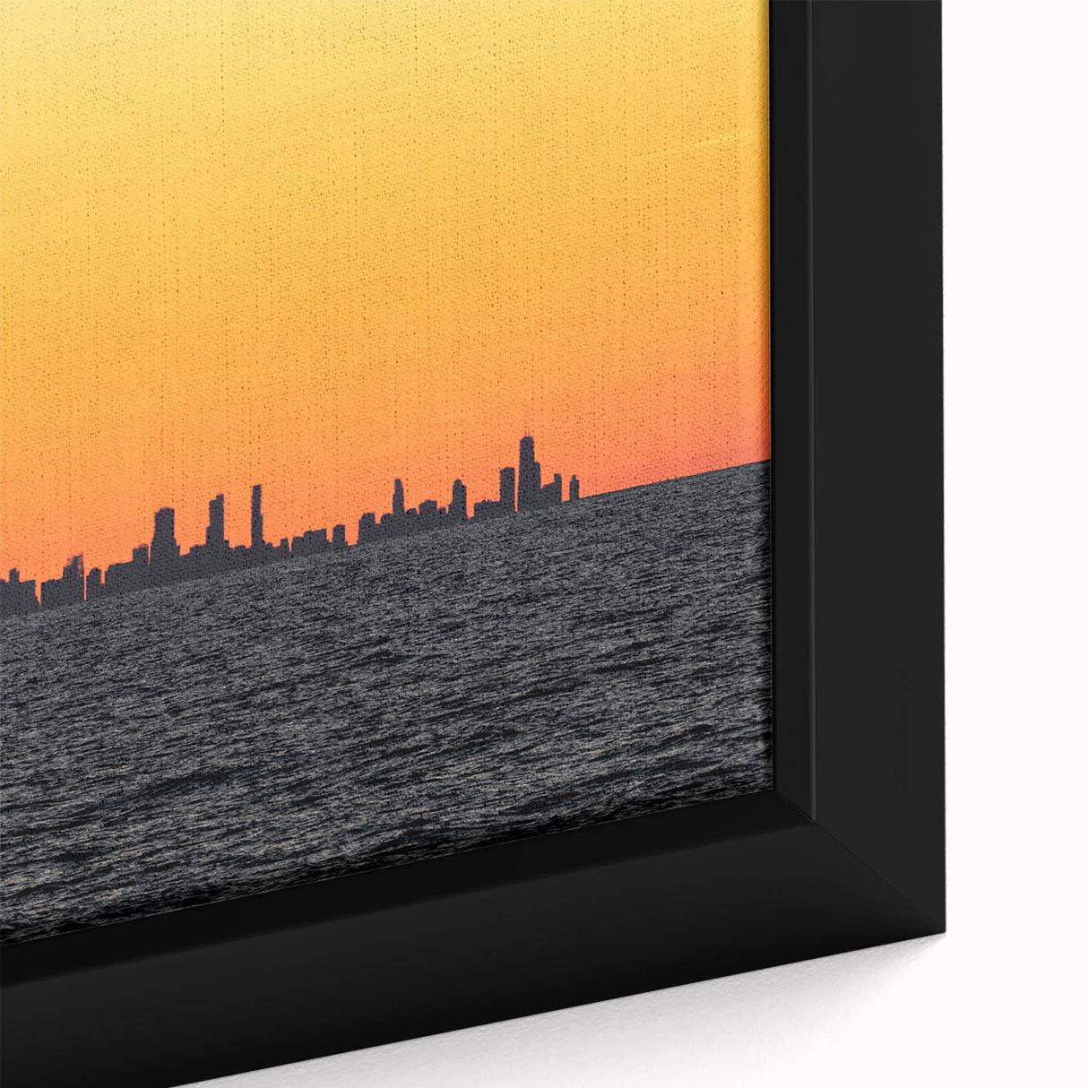 Extra large framed canvas featuring a textured depiction of the Chicago skyline in black with colorful accents.