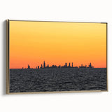 Vintage poster art of Chicago skyline in black and gold tones on framed canvas, suitable for bedroom wall art.