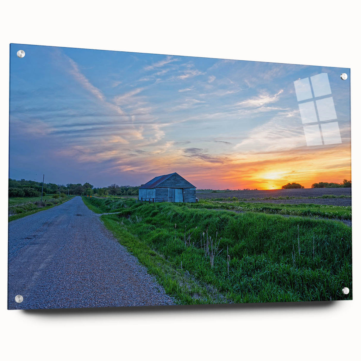 Acrylic print of a large abstract Iowa scenery in muted earth tones, suitable for bedroom or dining room decor.