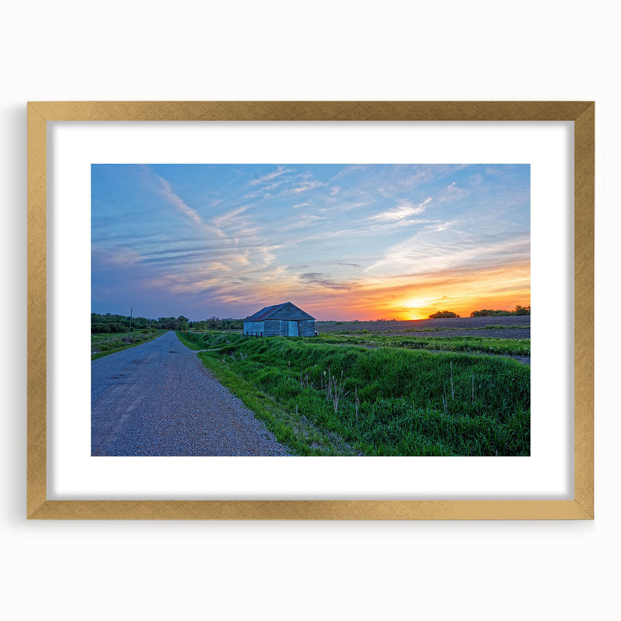Extra large abstract art print of Iowa scenery in textured gold frame, ideal for living room decor.