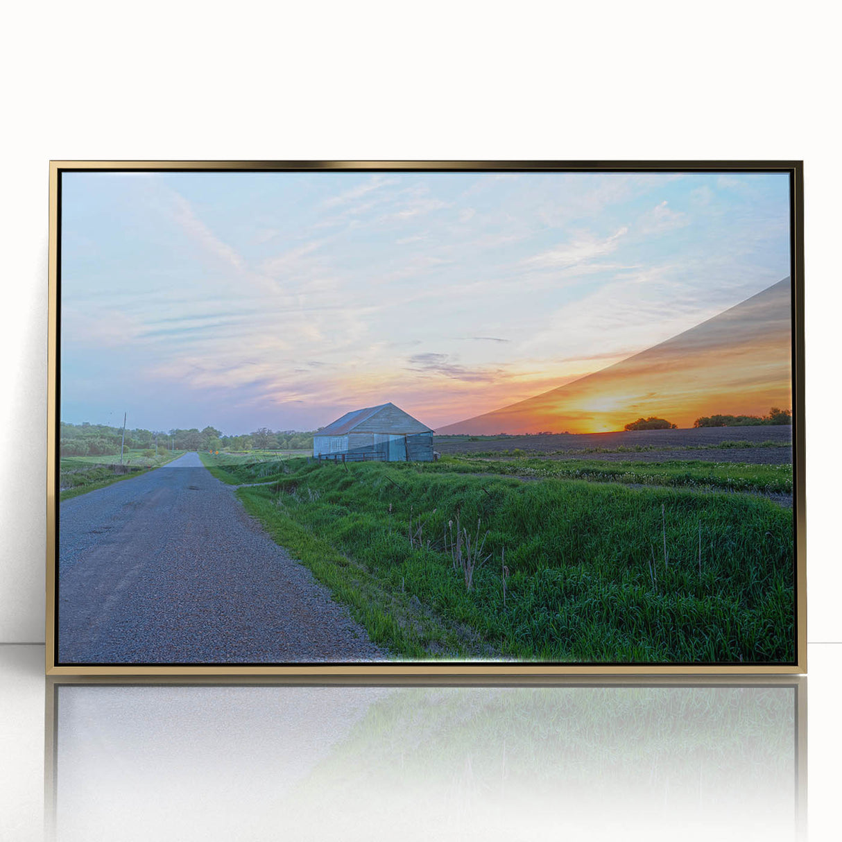 Mid-century modernist art depicting Iowa scenery in muted gold and green tones, framed acrylic print.