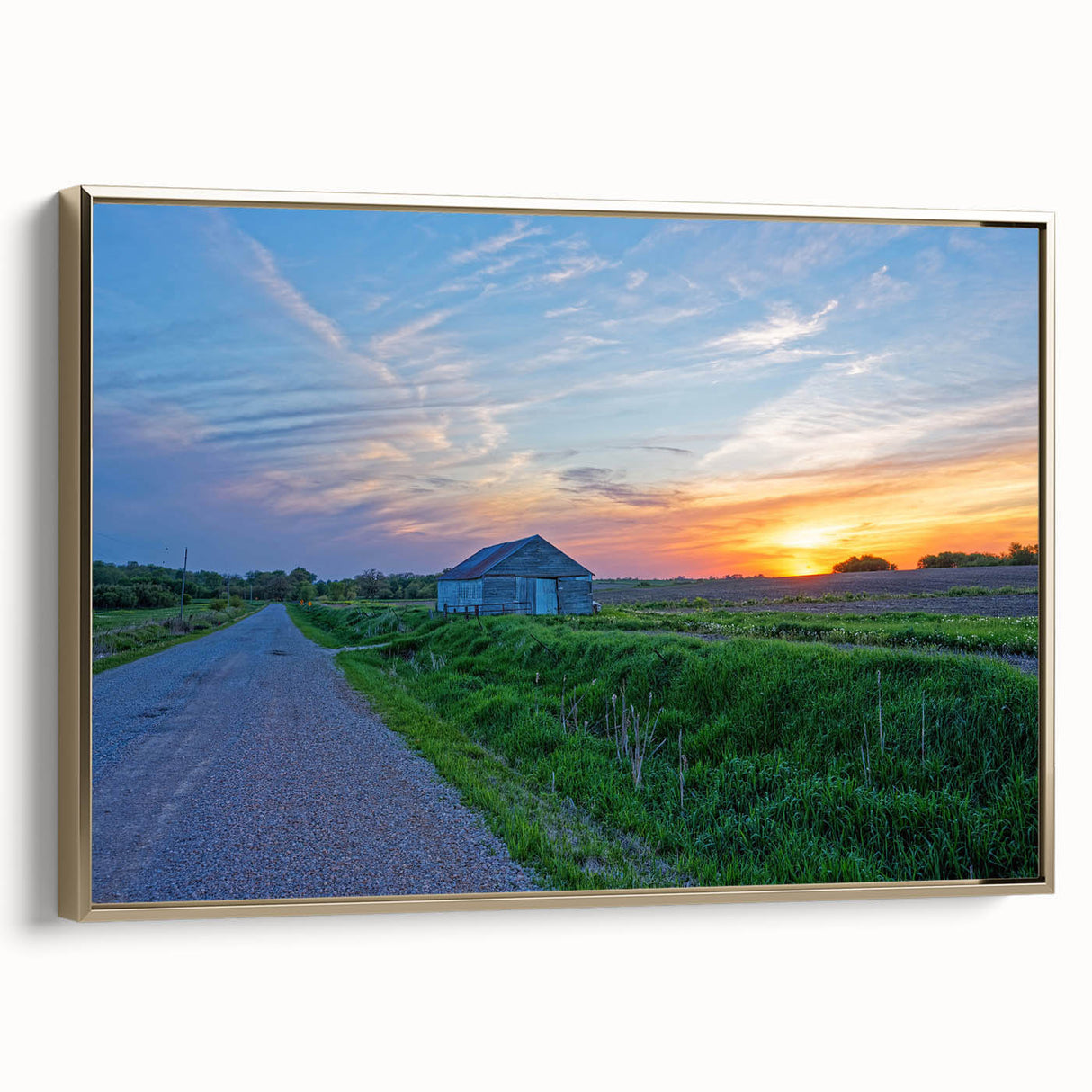 Framed canvas depicting a vintage-style Iowa landscape in muted gold and black tones, suitable for bedroom wall art.
