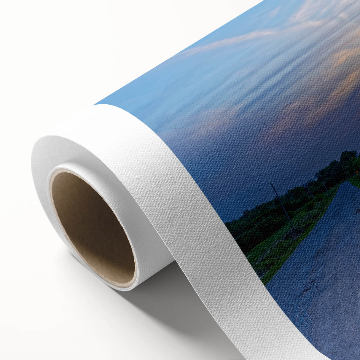 Art Deco style poster of Iowa scenery on rolled canvas, featuring pastel shades.